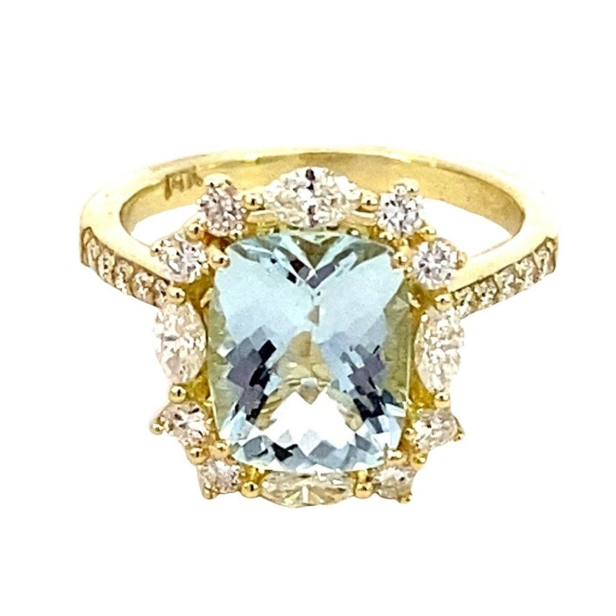 Ring aquamarine dial halo and shank 14kt yellow gold - Gaines Jewelers