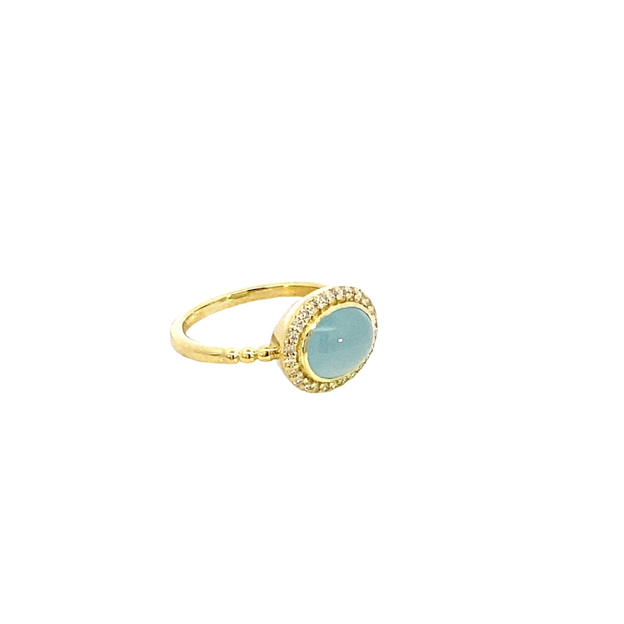 Ring aquamarine oval diamond halo 14kt yellow gold - Gaines Jewelers