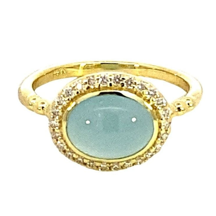 Ring aquamarine oval diamond halo 14kt yellow gold - Gaines Jewelers