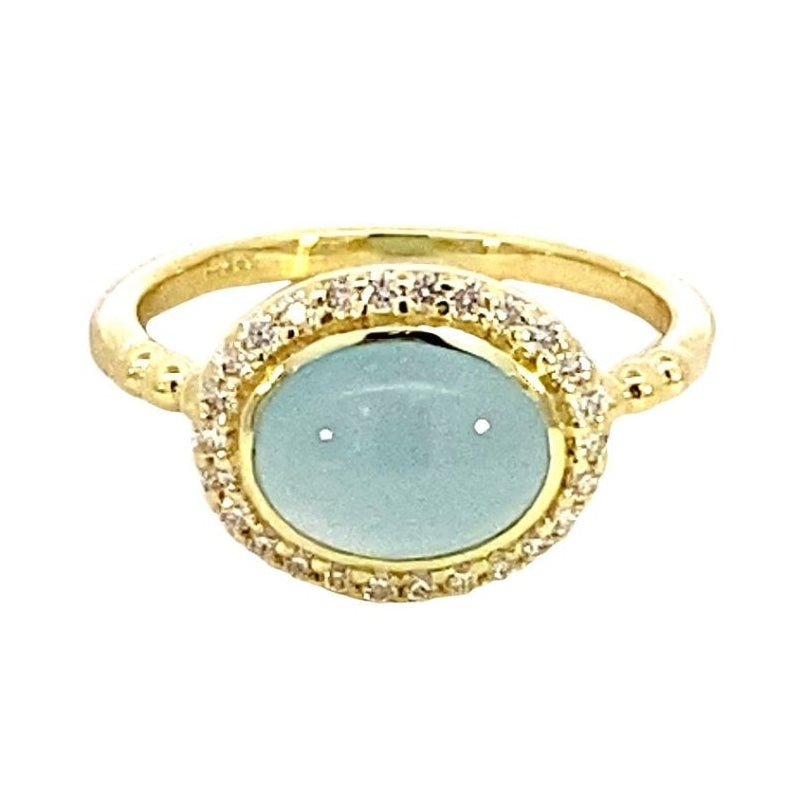 Ring aquamarine oval diamond halo 14kt yellow gold - Gaines Jewelers