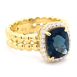 Ring London blue topaz diamond halo 14kt yellow gold - Gaines Jewelers