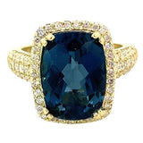 Ring london blue topaz diamond halo & shank 14kt yellow gold - Gaines Jewelers