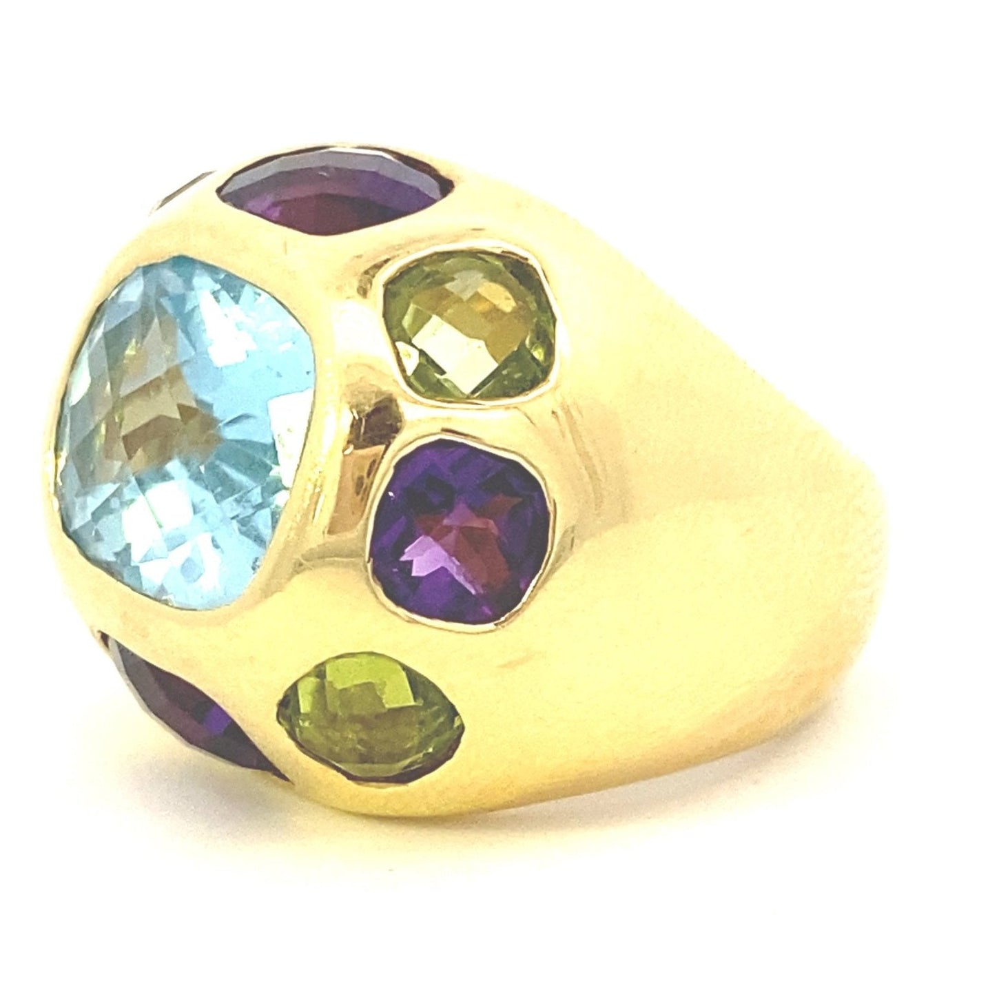 Ring multi-color, large dome 18k yg with amethyst, peridot, & blue topaz - Gaines Jewelers