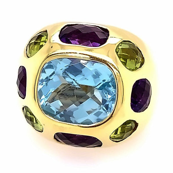 Ring multi-color, large dome 18k yg with amethyst, peridot, & blue topaz - Gaines Jewelers