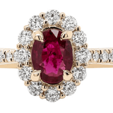 Ring oval ruby diamond halo and shank - Gaines Jewelers
