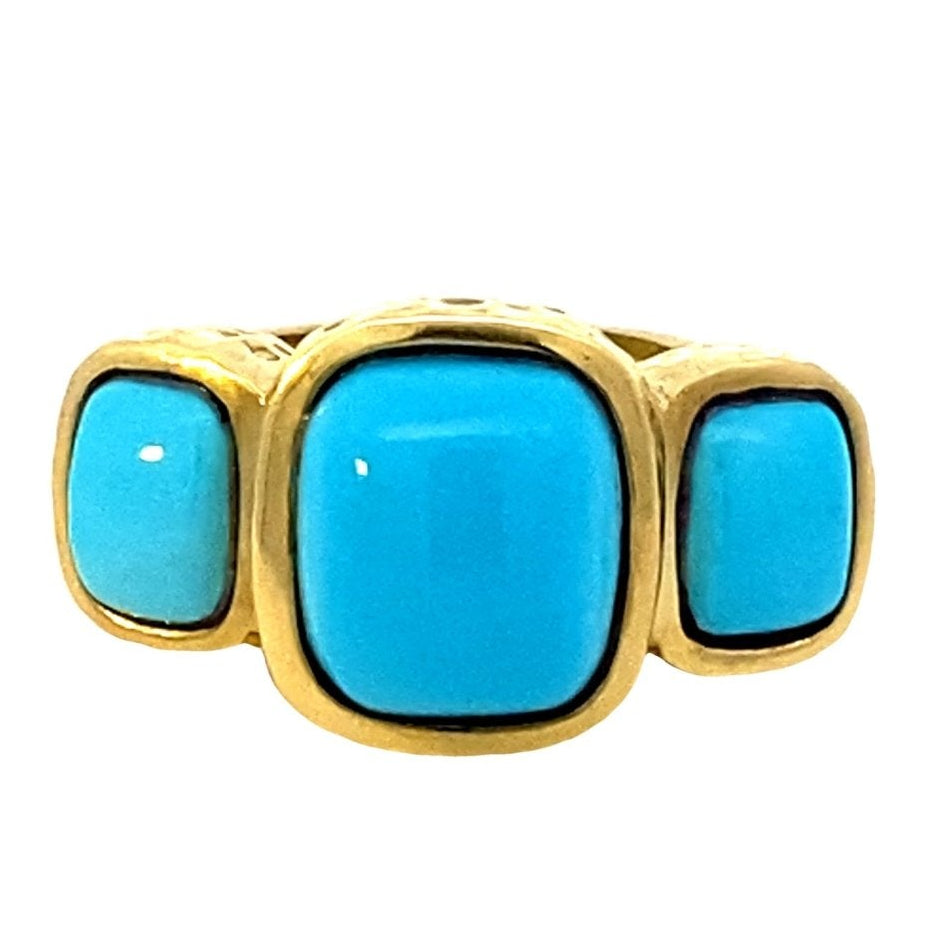 Ring turquoise 3 in bezels 14kt yellow gold - Gaines Jewelers