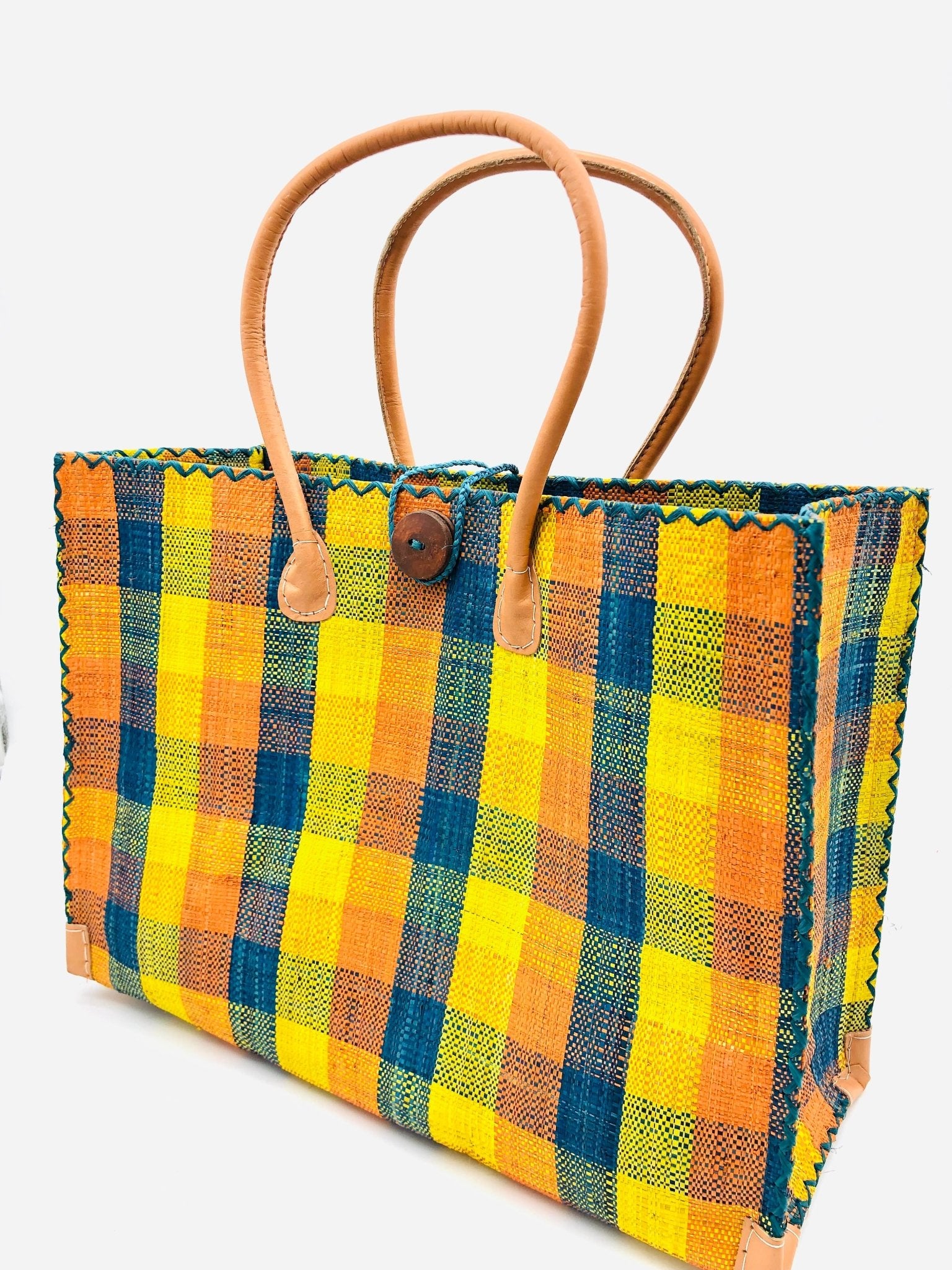 Shebobo - Zafran Gingham Large Straw Beach Bag with Plastic Liner