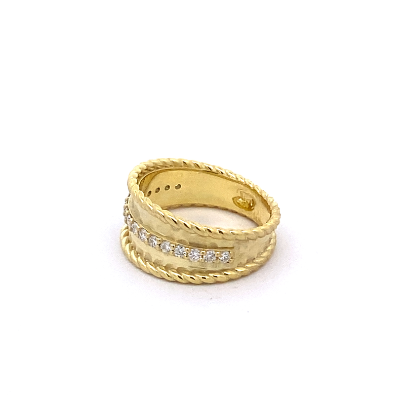 Ring designed as a wide band with center row of diamonds 14kt yellow gold