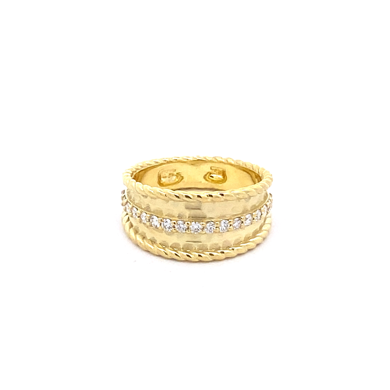 Ring designed as a wide band with center row of diamonds 14kt yellow gold