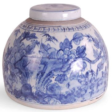 10" Foot - stomped Blue and White Bird and Flower Jar - Avala International - Gaines Jewelers