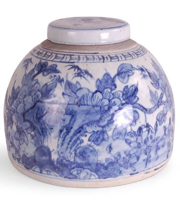 10" Foot - stomped Blue and White Bird and Flower Jar - Avala International - Gaines Jewelers