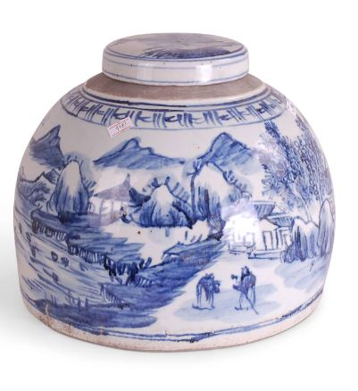 10" Foot - stomped Blue and White Canton Jar - Avala International - Gaines Jewelers