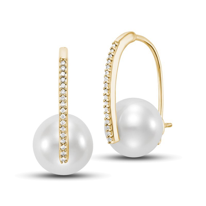 10.5-11.5mm Freshwater and Diamond 18k Yellow Gold Drop Hoop Earrings - Mastoloni - Gaines Jewelers