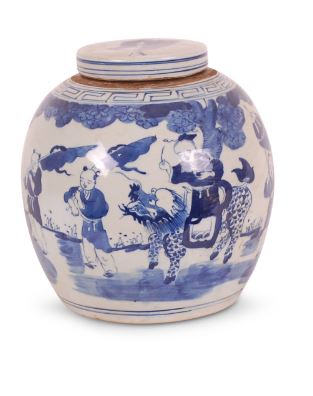 12" Blue and White Figures Jar - Avala International - Gaines Jewelers