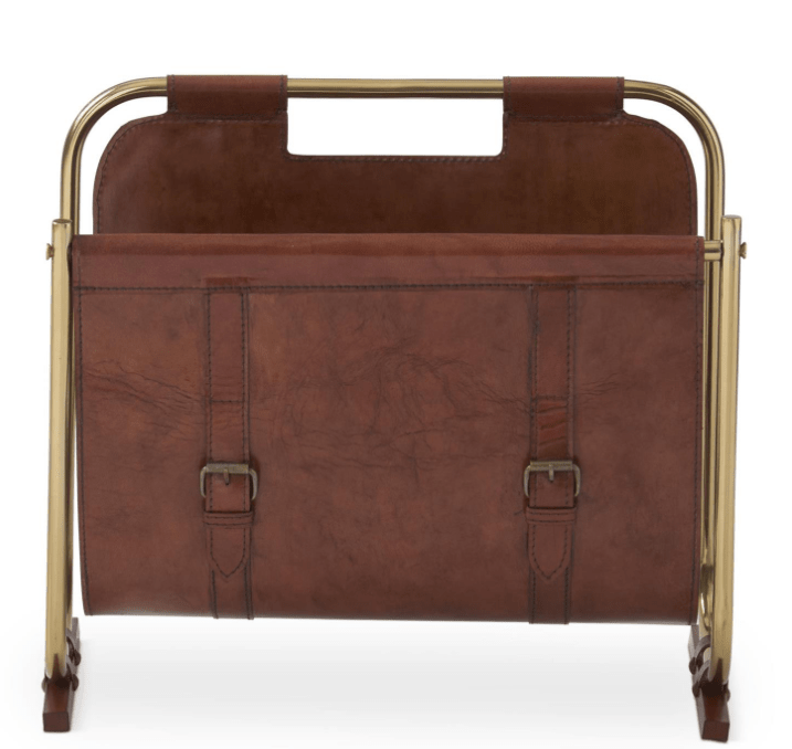 14.5 Inch Rust Leather Magazine Rack w/Brass Accents - K&K Interiors - Gaines Jewelers