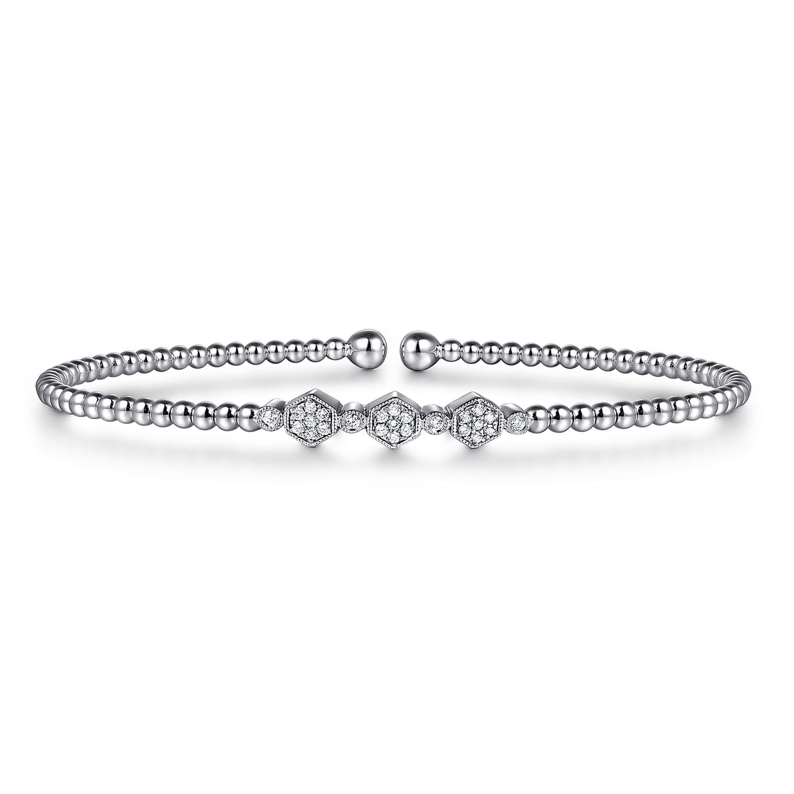 14K White Gold Bujukan Bead and Hexagon Cluster Diamond Bangle - Gaines Jewelers