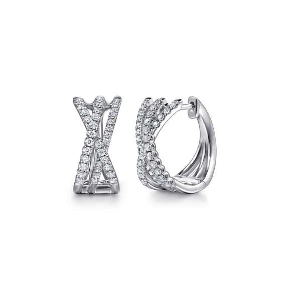 14K White Gold Diamond Criss Cross Huggie Earrings - Gabriel & Co. - Gaines Jewelers