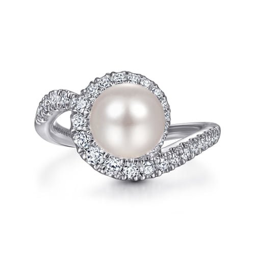14K White Gold Pearl Ring with Curved Diamond Wrap Halo - Gabriel & Co. - Gaines Jewelers