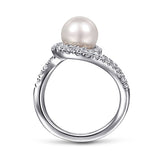 14K White Gold Pearl Ring with Curved Diamond Wrap Halo - Gabriel & Co. - Gaines Jewelers