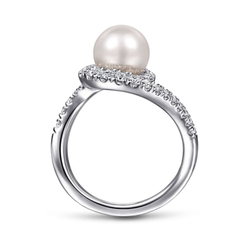 14K White Gold Pearl Ring with Curved Diamond Wrap Halo - Gabriel & Co. - Gaines Jewelers