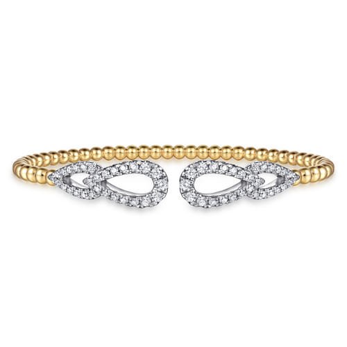 14K White & Yellow Gold Bujukan and Diamond Double Teardrop Open Bangle Bracelet by Gabriel & Co. - Gaines Jewelers