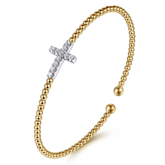 14K White/Yellow Gold Bujukan and Diamond Cross Split Bangle Bracelet - Gabriel & Co. - Gaines Jewelers