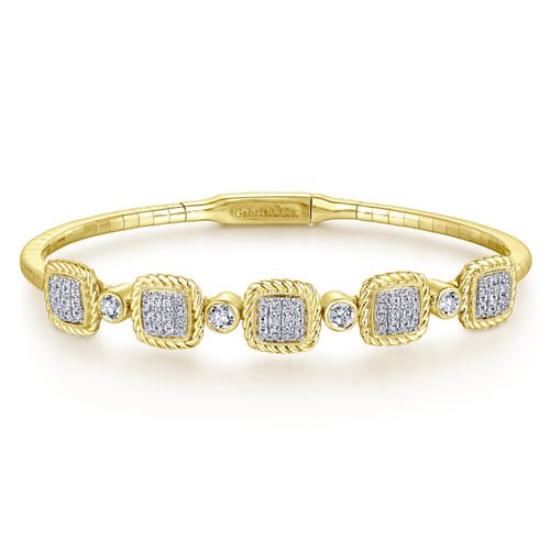 14K Yellow Gold Bangle with Twisted Rope Pave Diamond Stations by Gabriel & Co. - Gaines Jewelers