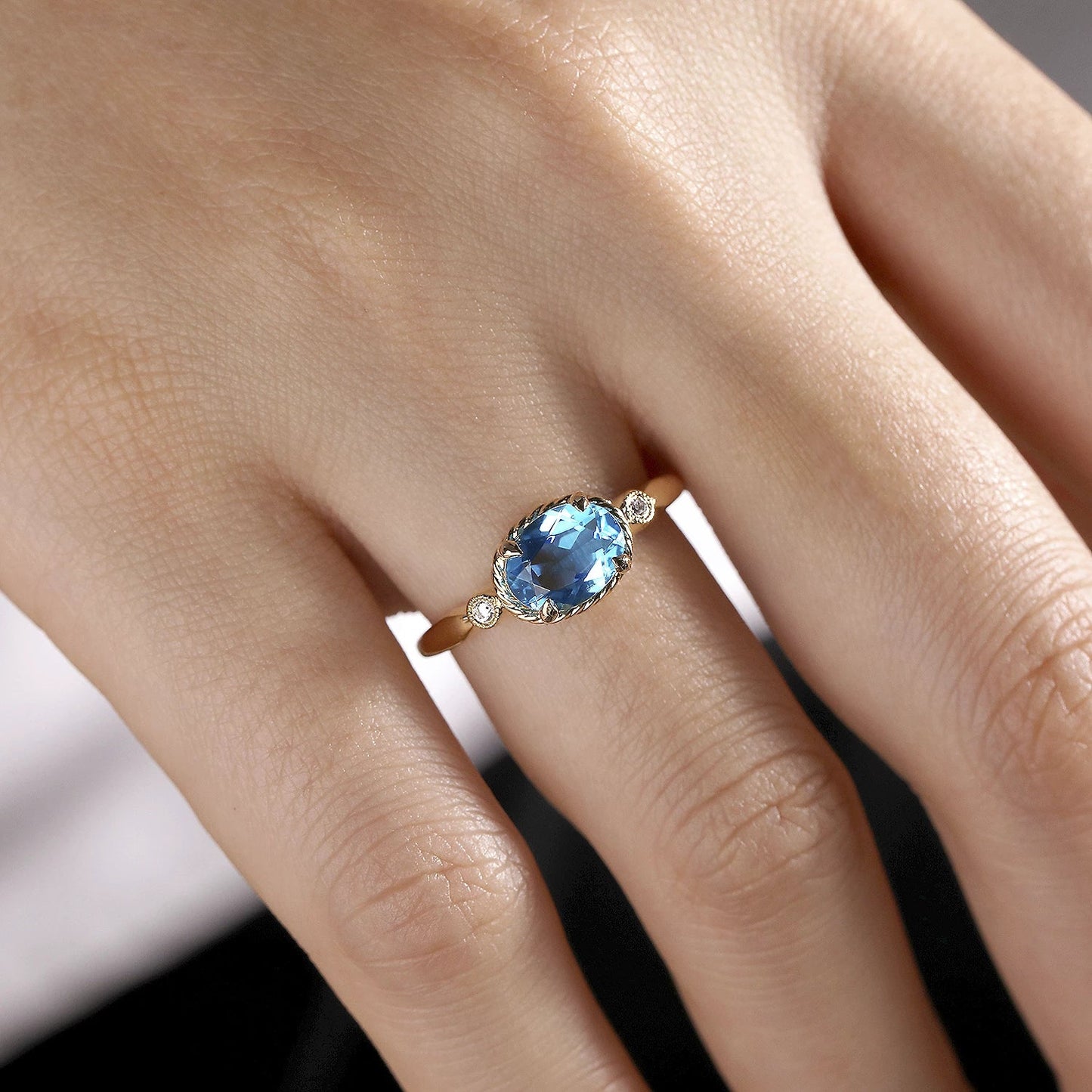 14k yellow gold blue topaz w/diamond accent ring - Gaines Jewelers