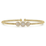 14K Yellow Gold Bujukan Bead Cuff Bracelet with Three Pav Diamond Stations - Gabriel & Co. - Gaines Jewelers