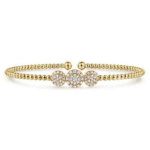 14K Yellow Gold Bujukan Bead Cuff Bracelet with Three Pav Diamond Stations - Gabriel & Co. - Gaines Jewelers