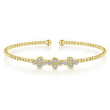 14K Yellow Gold Bujukan Bead Cuff Bracelet with Three Quatrefoil Diamond Stations - Gabriel & Co. (Copy) - Gaines Jewelers