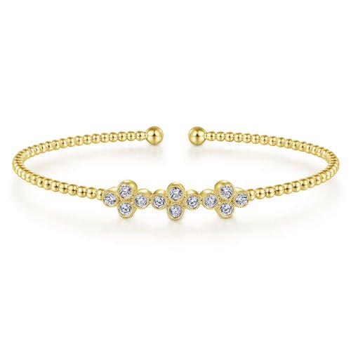 14K Yellow Gold Bujukan Bead Cuff Bracelet with Three Quatrefoil Diamond Stations - Gabriel & Co. (Copy) - Gaines Jewelers