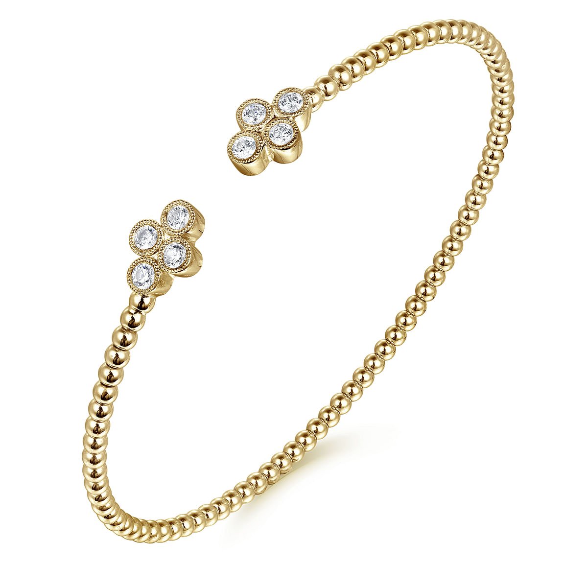 14K Yellow Gold Bujukan Bead Split Cuff Bracelet with Quatrefoil Diamond Endcaps - Gaines Jewelers