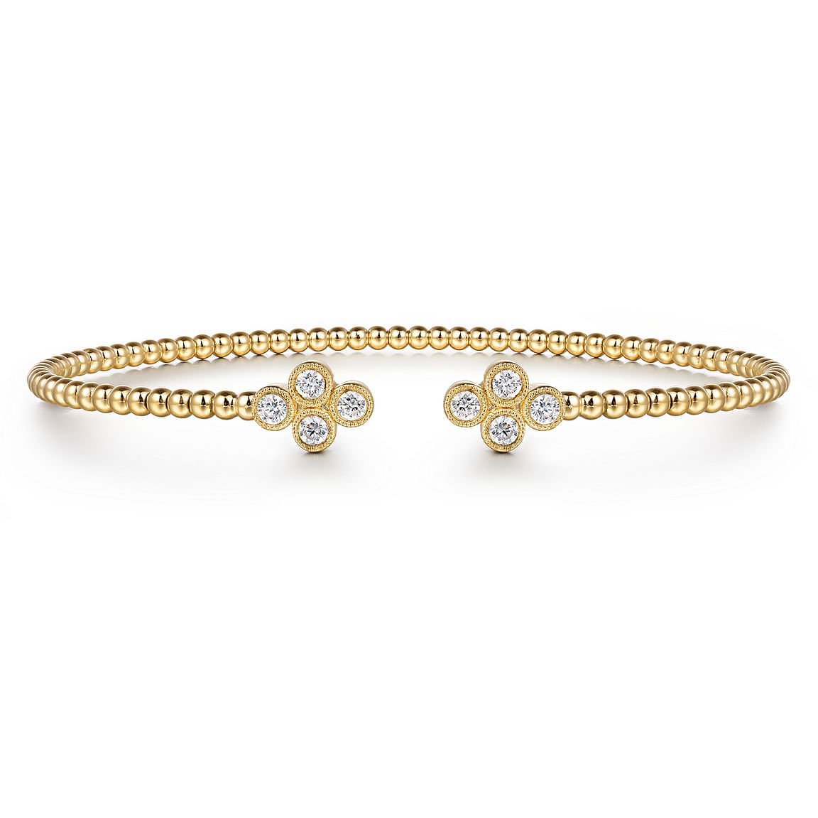 14K Yellow Gold Bujukan Bead Split Cuff Bracelet with Quatrefoil Diamond Endcaps - Gaines Jewelers