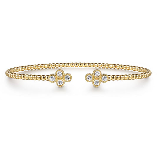 14K Yellow Gold Bujukan Bead Split Cuff Bracelet with Quatrefoil Diamond Endcaps - Gaines Jewelers