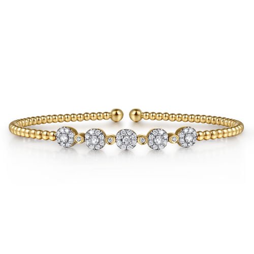 14K Yellow Gold Bujukan Cuff Bracelet with Pavé Diamond Cluster Stations by Gabriel - Gaines Jewelers