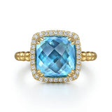 14K Yellow Gold Bujukan Cushion Blue Topaz with Diamond Halo Ring - Gabriel & Co. - Gaines Jewelers