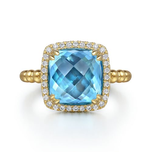 14K Yellow Gold Bujukan Cushion Blue Topaz with Diamond Halo Ring - Gabriel & Co. - Gaines Jewelers