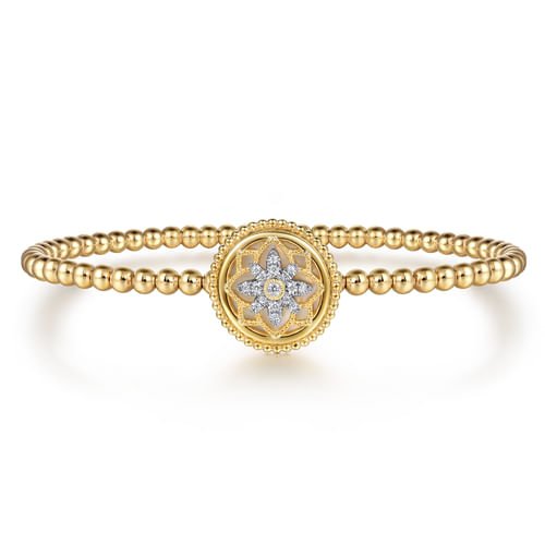 14K Yellow Gold Bujukan Diamond and White Mother of Pearl Medallion Split Bangle Bracelet by Gabriel - Gaines Jewelers