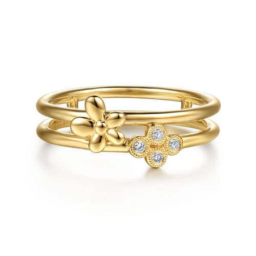 14K Yellow Gold Flower and Diamond Clover Easy Stackable Ring by Gabriel & Co. - Gaines Jewelers