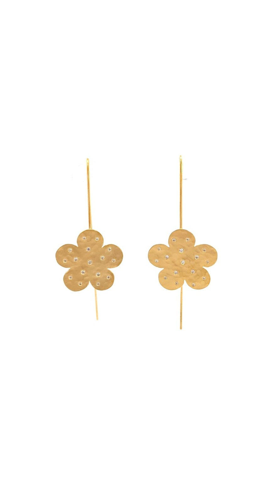 14k Yellow Gold Flower Wire Drop Earring with Scattered Diamond Center - Marika - Gaines Jewelers
