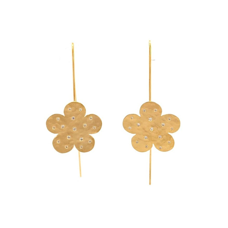 14k Yellow Gold Flower Wire Drop Earring with Scattered Diamond Center - Marika - Gaines Jewelers