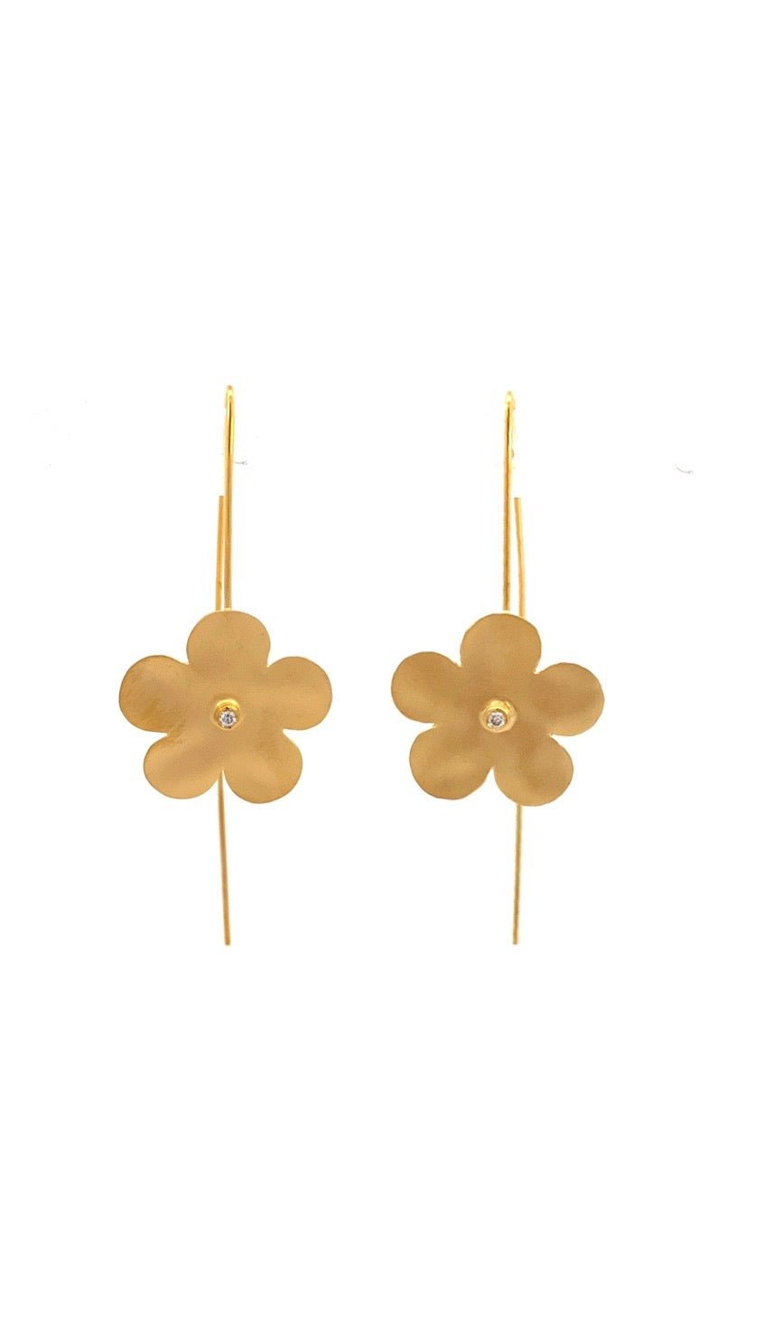 14k Yellow Gold Flower Wire Drop Earring with Single Diamond Center - Marika - Gaines Jewelers