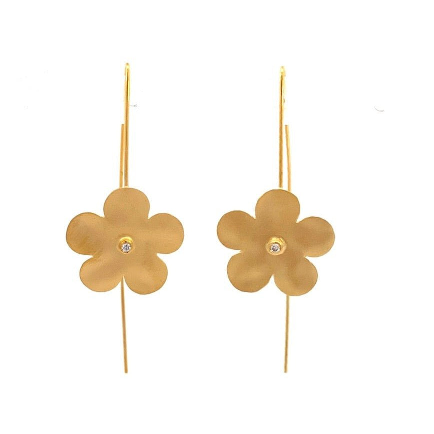 14k Yellow Gold Flower Wire Drop Earring with Single Diamond Center - Marika - Gaines Jewelers