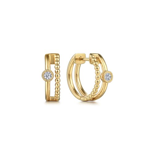 14K Yellow Gold Two Row Diamond Bujukan Huggies by Gabriel & Co. - Gaines Jewelers