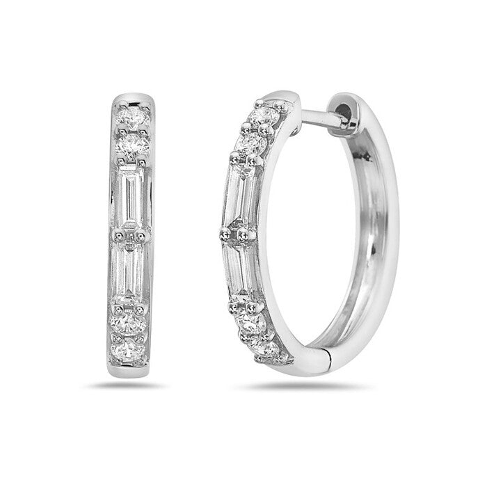 14k yg Hoop Earring with alternating round & Baguette diamonds - Bassali - Gaines Jewelers