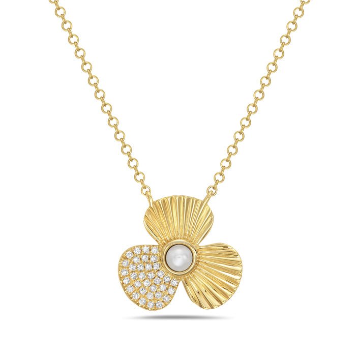 14k yg Necklace with flower pendant accented one leaf with diamond pave - Bassali - Gaines Jewelers