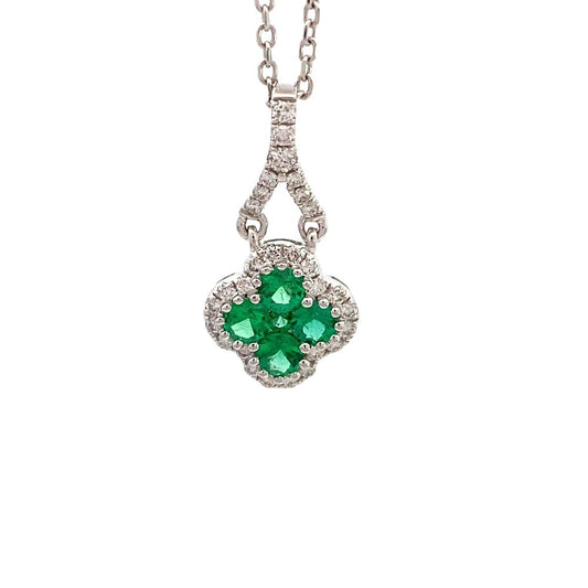 pendant emerald and diamond clover with halo 14kt white gold
