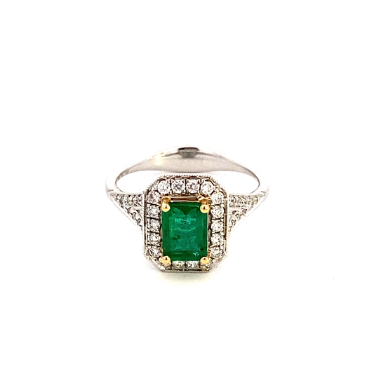 Ring 1 emerald= .78ct diamond halo shank 18kt white gold