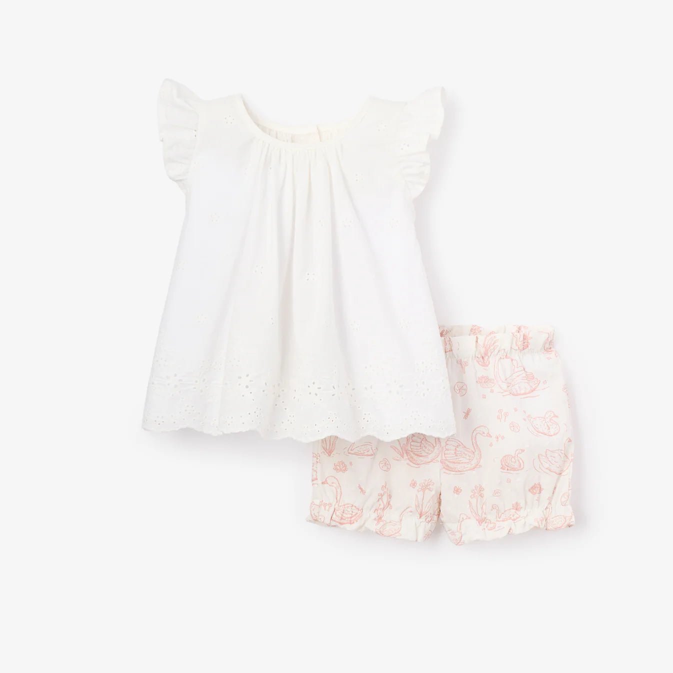 3 - 6M Eyelet Lace Top + Swan Toile Bloomer Set - Elegant Baby - Gaines Jewelers